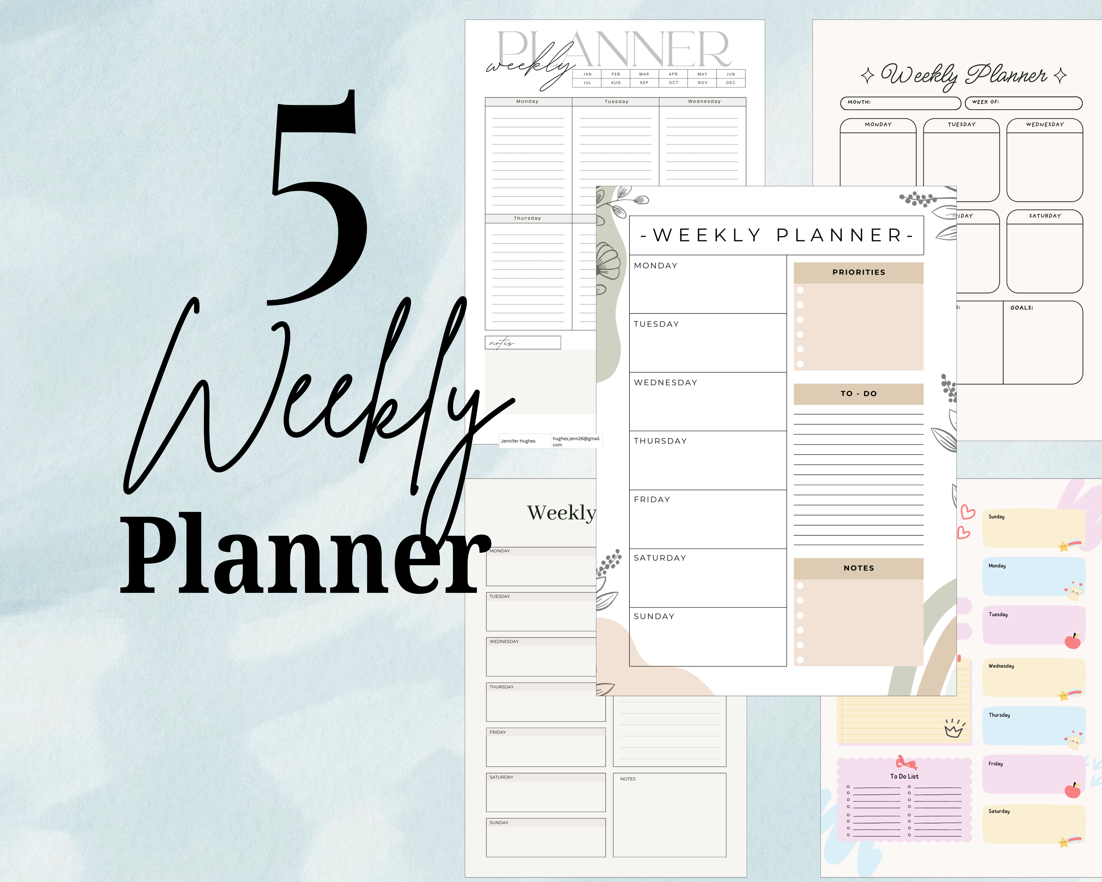 5 Printable Weekly Planner PDF PNG | Minimal Weekly Planning Pages | Productivity & Time Management Planner | Instant Download