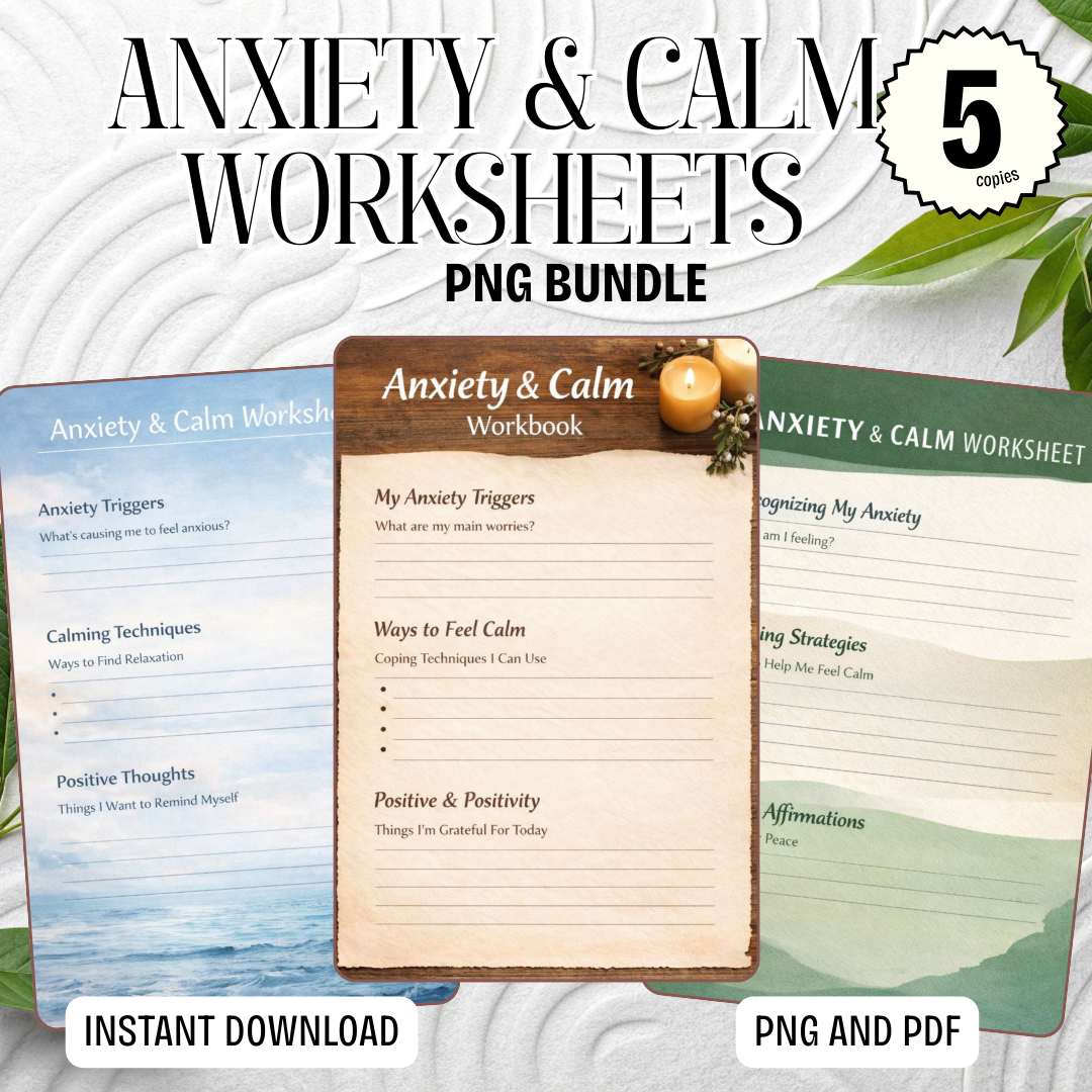 Anxiety & Calm Worksheets PDF PNG | Mental Health Coping Tools | Stress Relief & Mindfulness Exercises | Instant Download