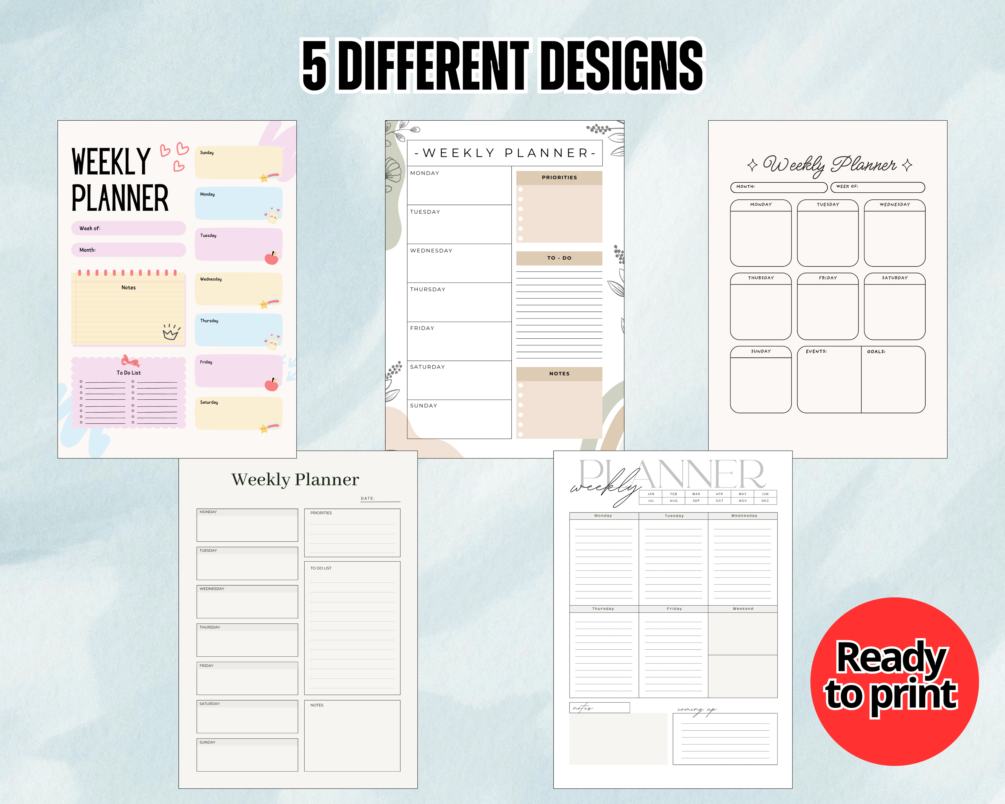 5 Printable Weekly Planner PDF PNG | Minimal Weekly Planning Pages | Productivity & Time Management Planner | Instant Download