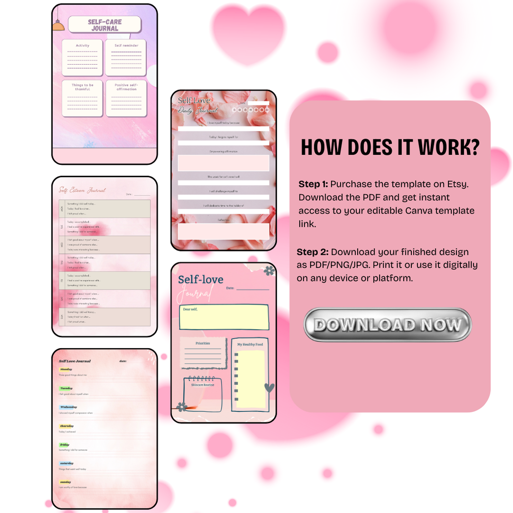 Self Love Journal Templates PDF PNG | Self-Care & Confidence Building Journal | Healing, Reflection & Mindset Pages | Instant Download