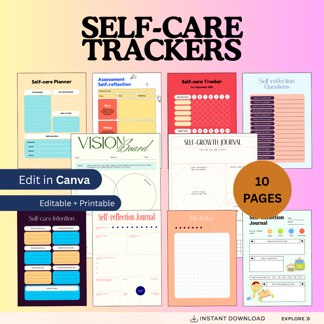 Self-Care Trackers PDF PNG | Daily Wellness Habits Checklist Template | Holistic Health Digital Journal Logs | Personal Growth Self Care Log