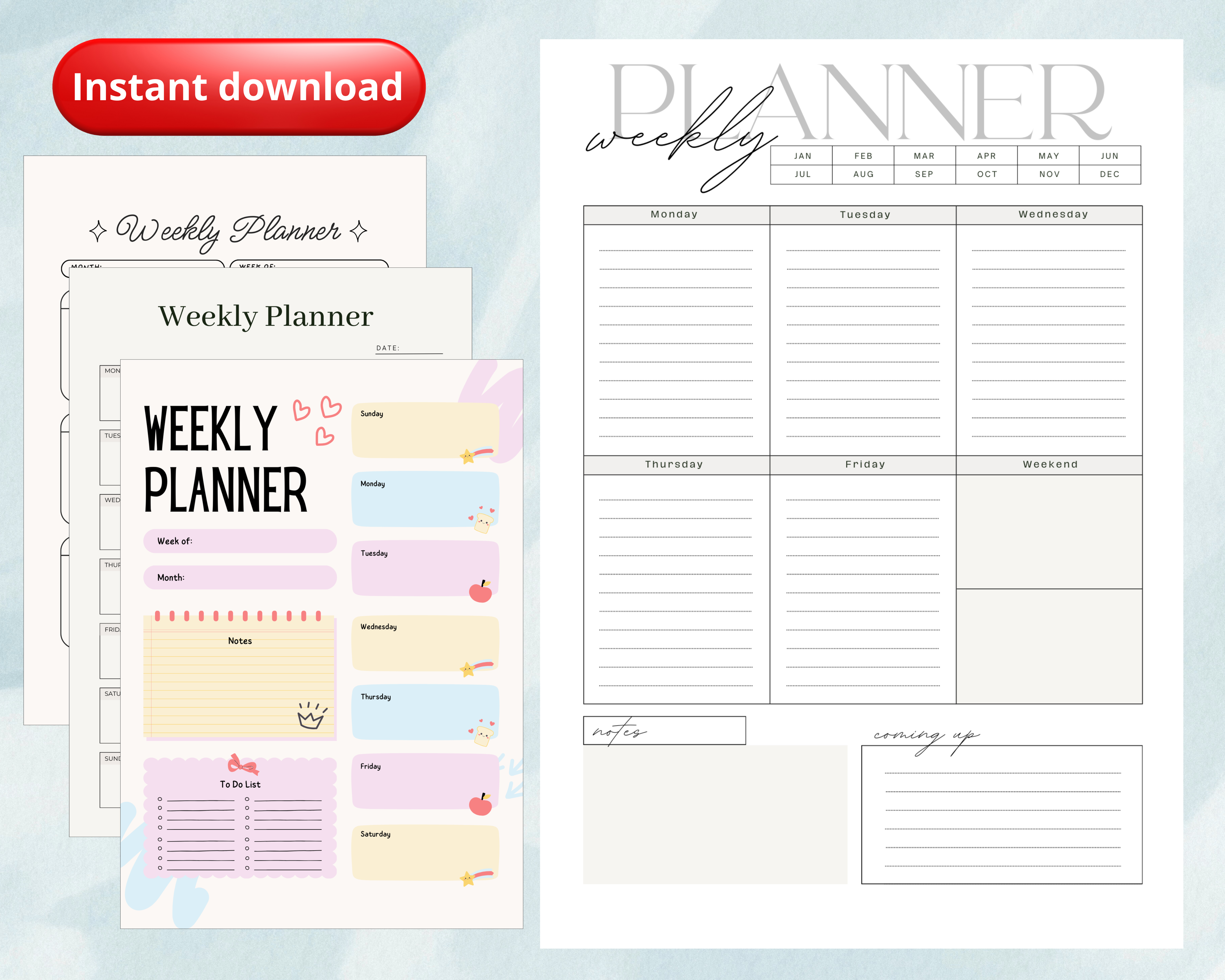 5 Printable Weekly Planner PDF PNG | Minimal Weekly Planning Pages | Productivity & Time Management Planner | Instant Download