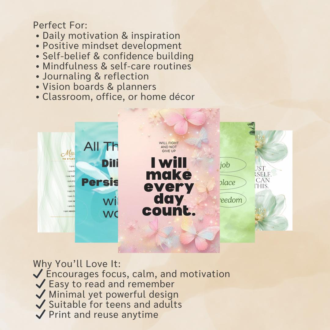 Positive Motivational Mantras PDF PNG | Daily Inspirational Quote Cards | Mindset Affirmation Art | Encouraging Words Digital Journal Tool