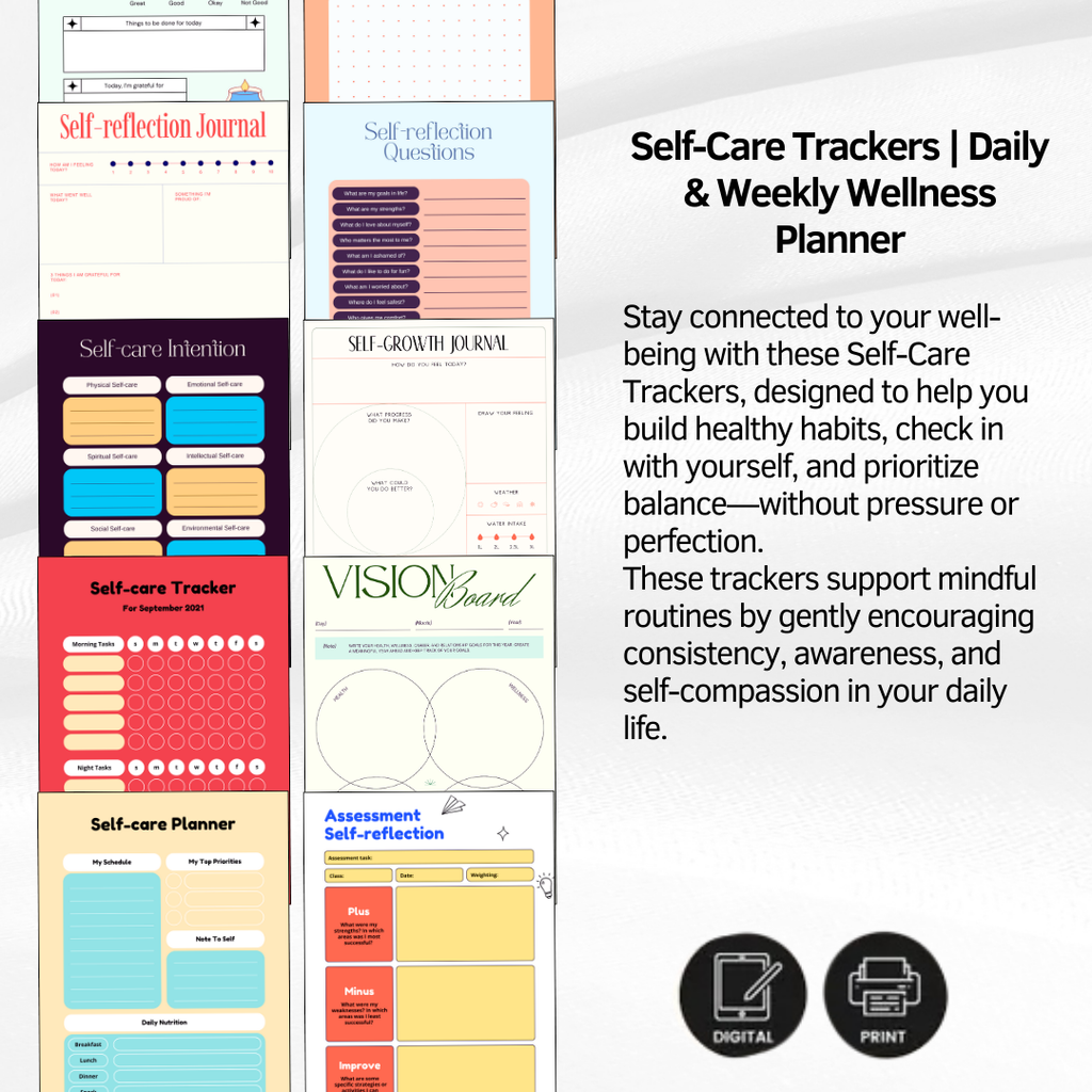 Self-Care Trackers PDF PNG | Daily Wellness Habits Checklist Template | Holistic Health Digital Journal Logs | Personal Growth Self Care Log