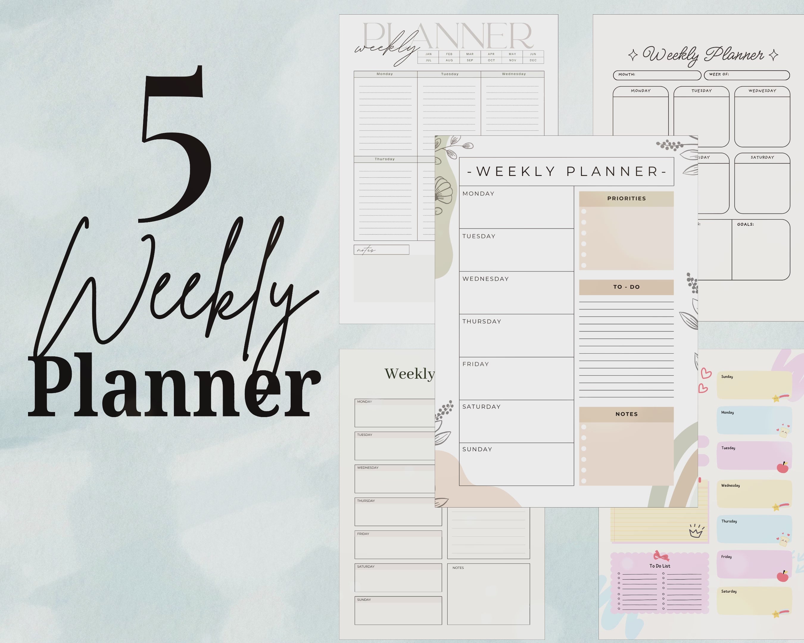 5 Printable Weekly Planner PDF PNG | Minimal Weekly Planning Pages | Productivity & Time Management Planner | Instant Download